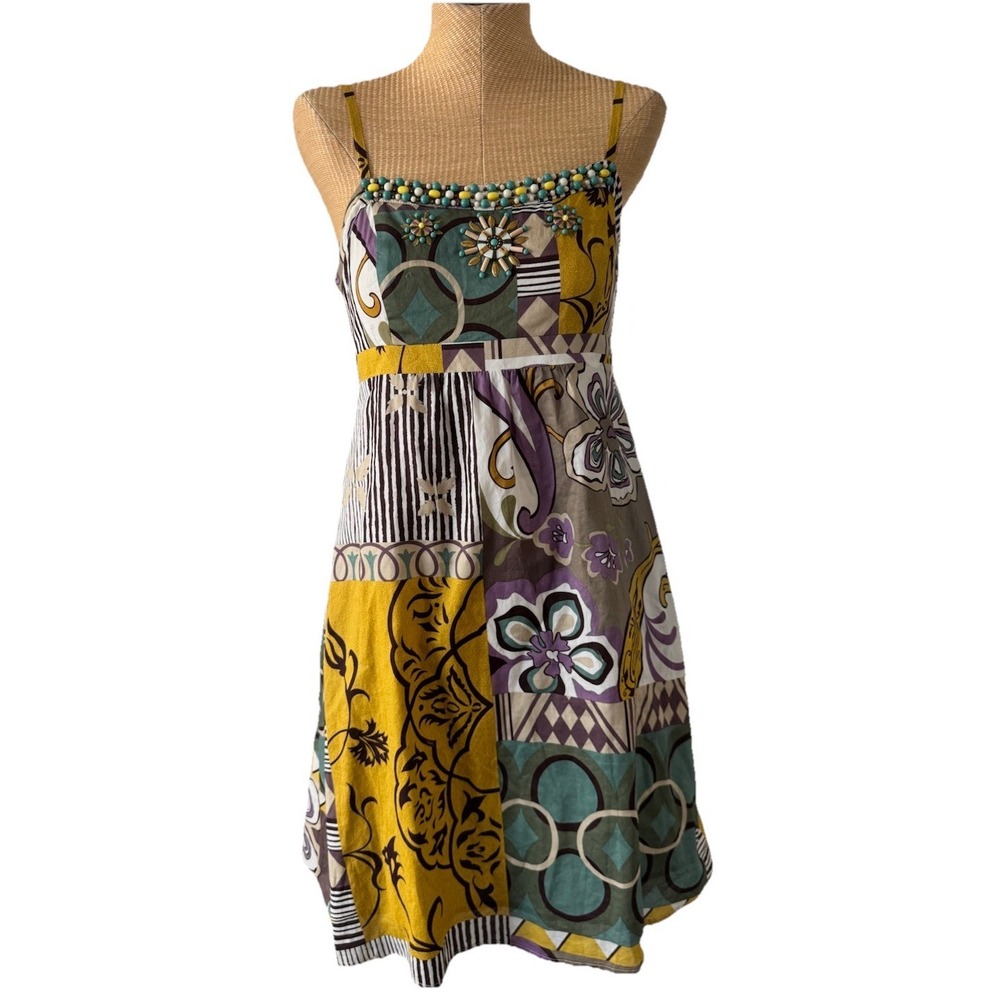 Cabi Sundress Womens 6 Colorful Floral Patchwork Beaded Lined‎ 100% Cotton Boho